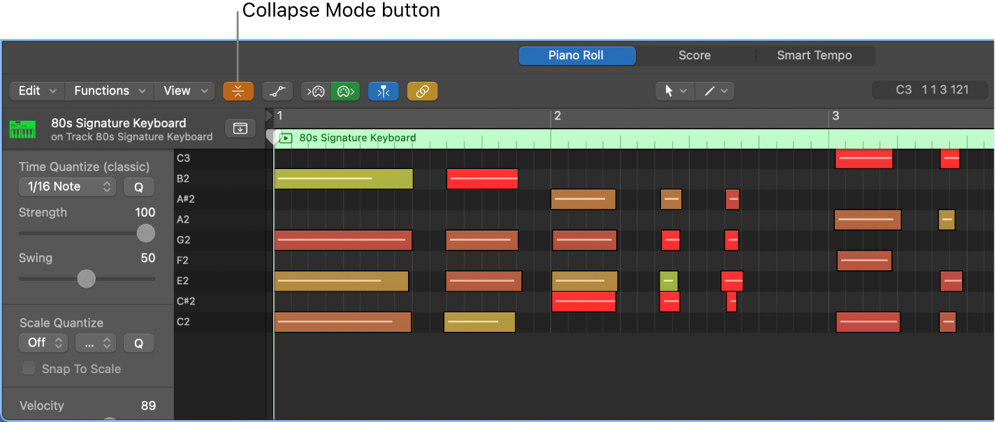 Figure. Piano Roll Editor, pointing out Collapse Mode button.