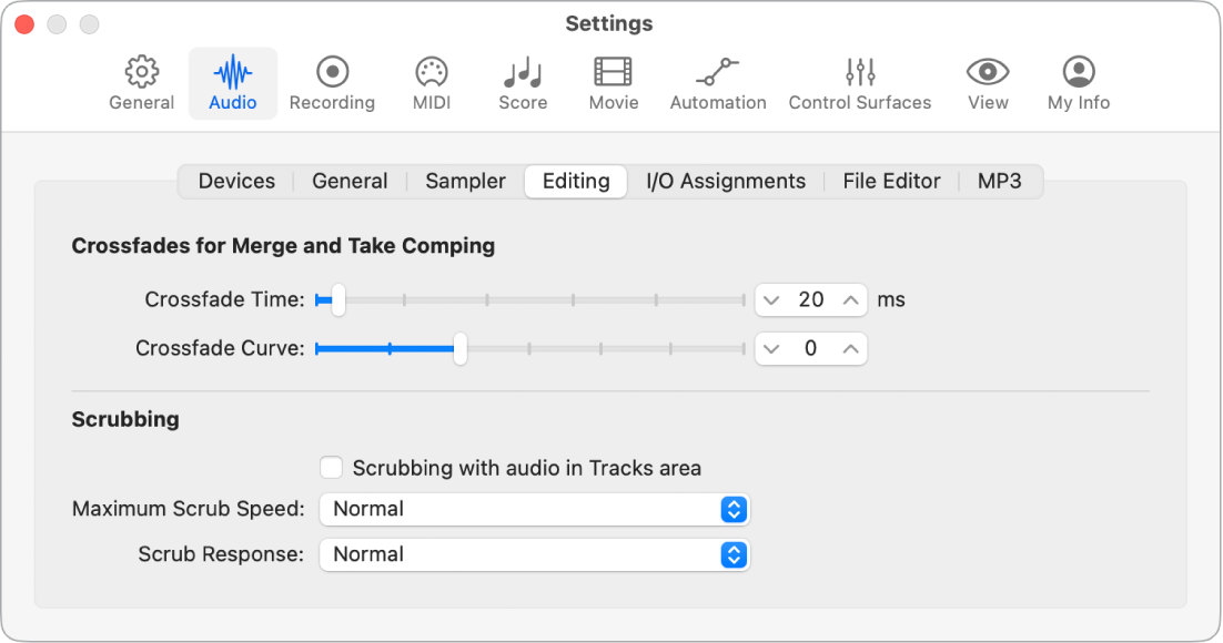 Figure. Audio Editing settings.