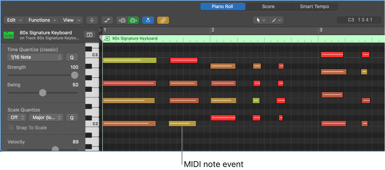 Figure. Piano Roll Editor, pointing out MIDI note event.