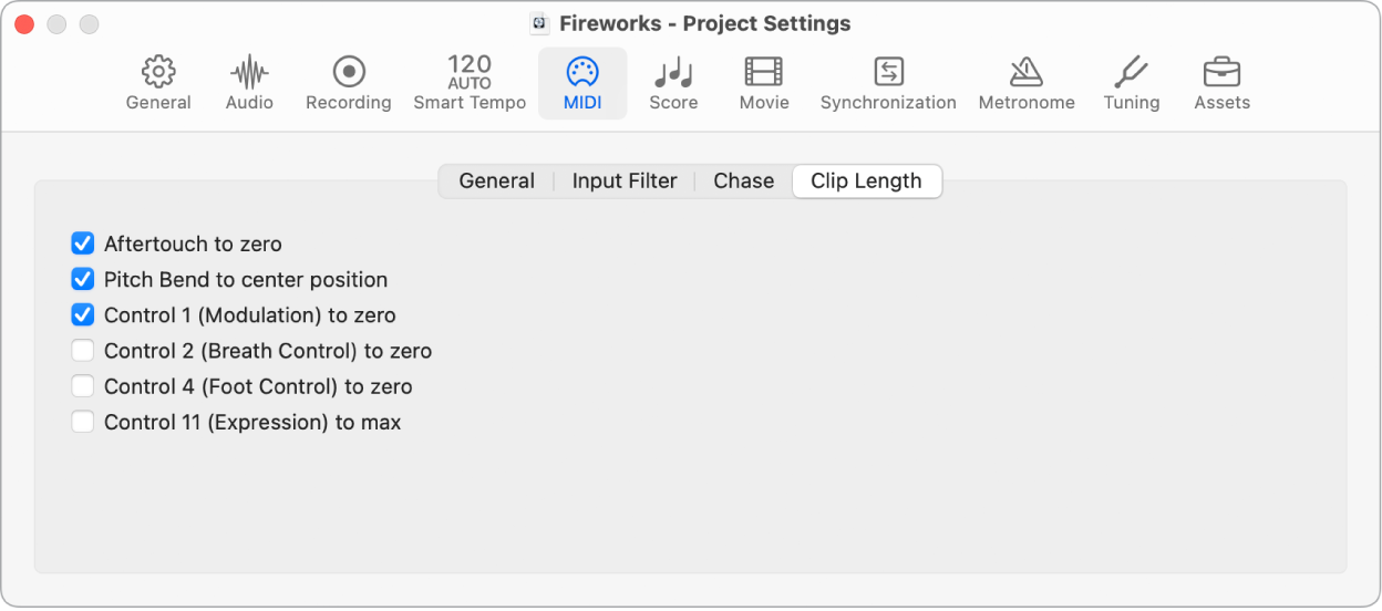 Figure. MIDI Clip Length project settings.
