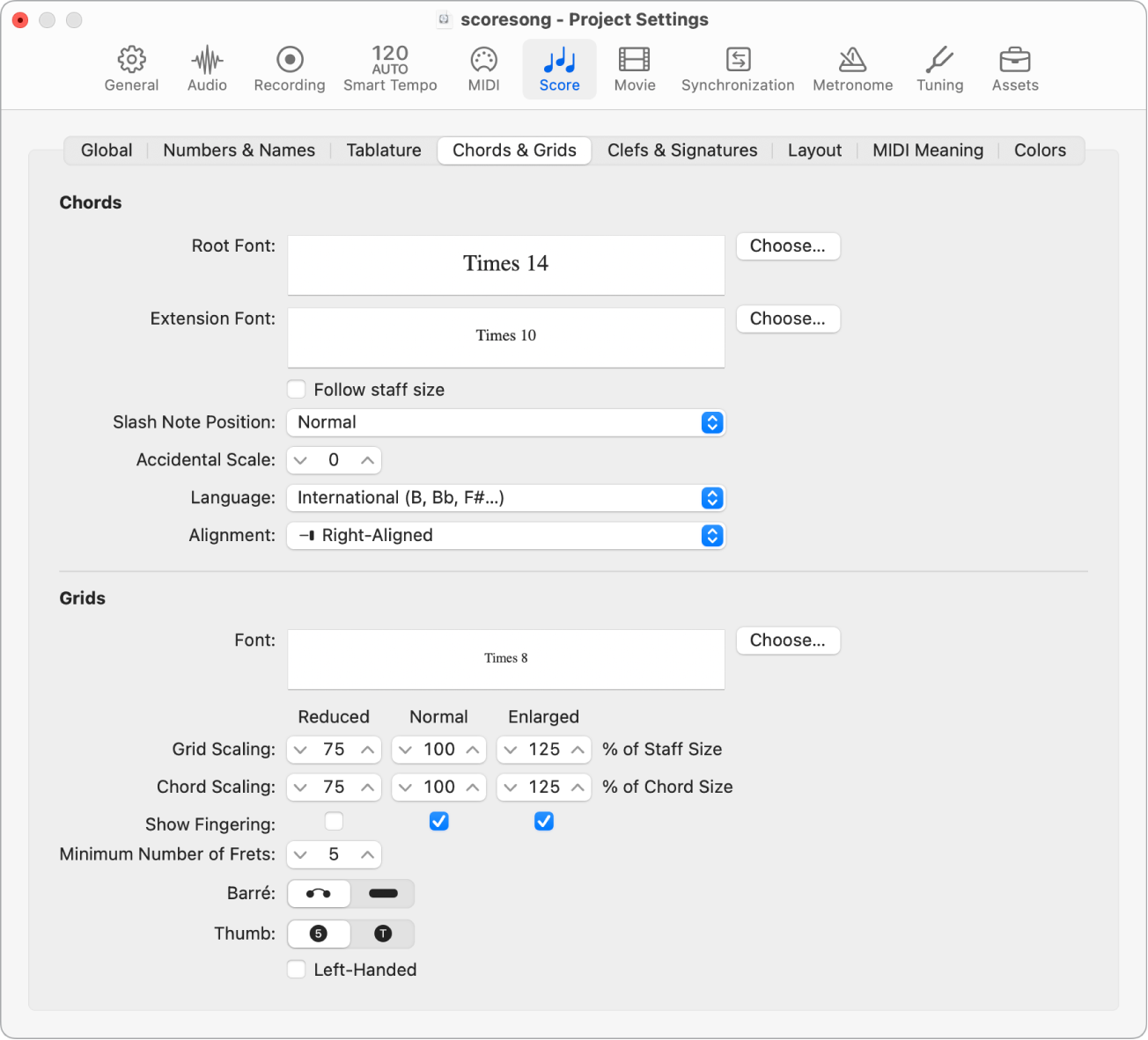 Figure. Chords and Grids pane in the Score project settings.