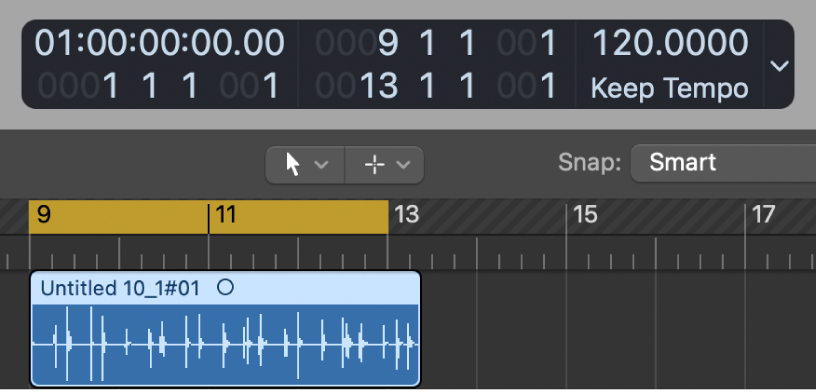 Figure. The Tracks area showing the locator range set slightly shorter than the audio region.