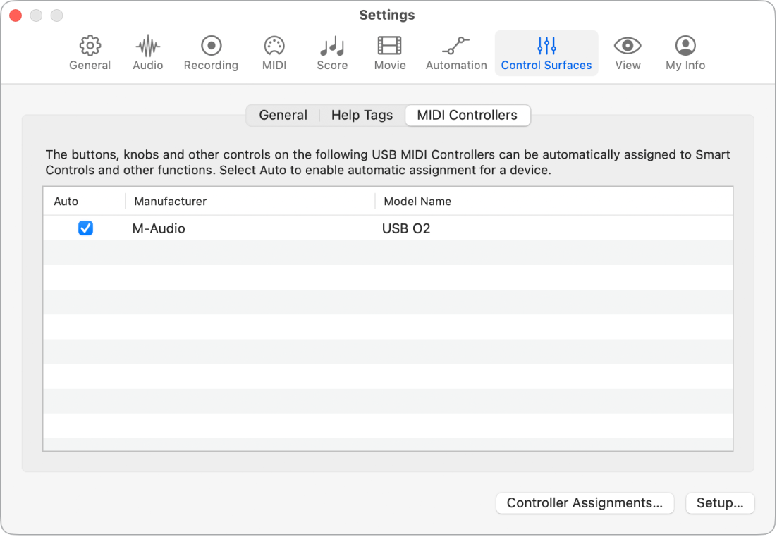 Figure. MIDI Controllers settings.