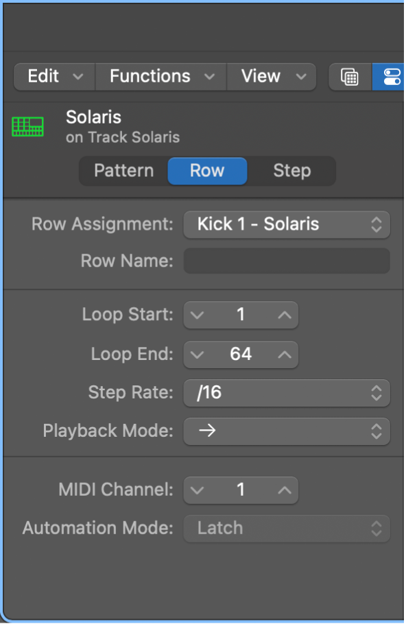 Step Sequencer Local inspector showing row settings.