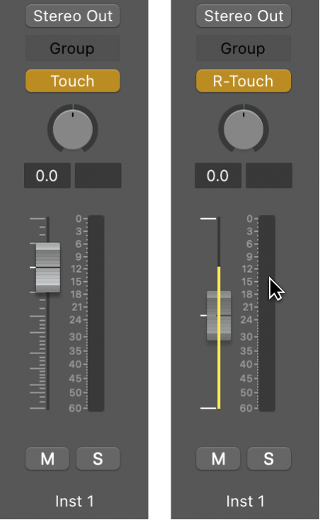 Figure. Volume fader set to Relative Touch mode.