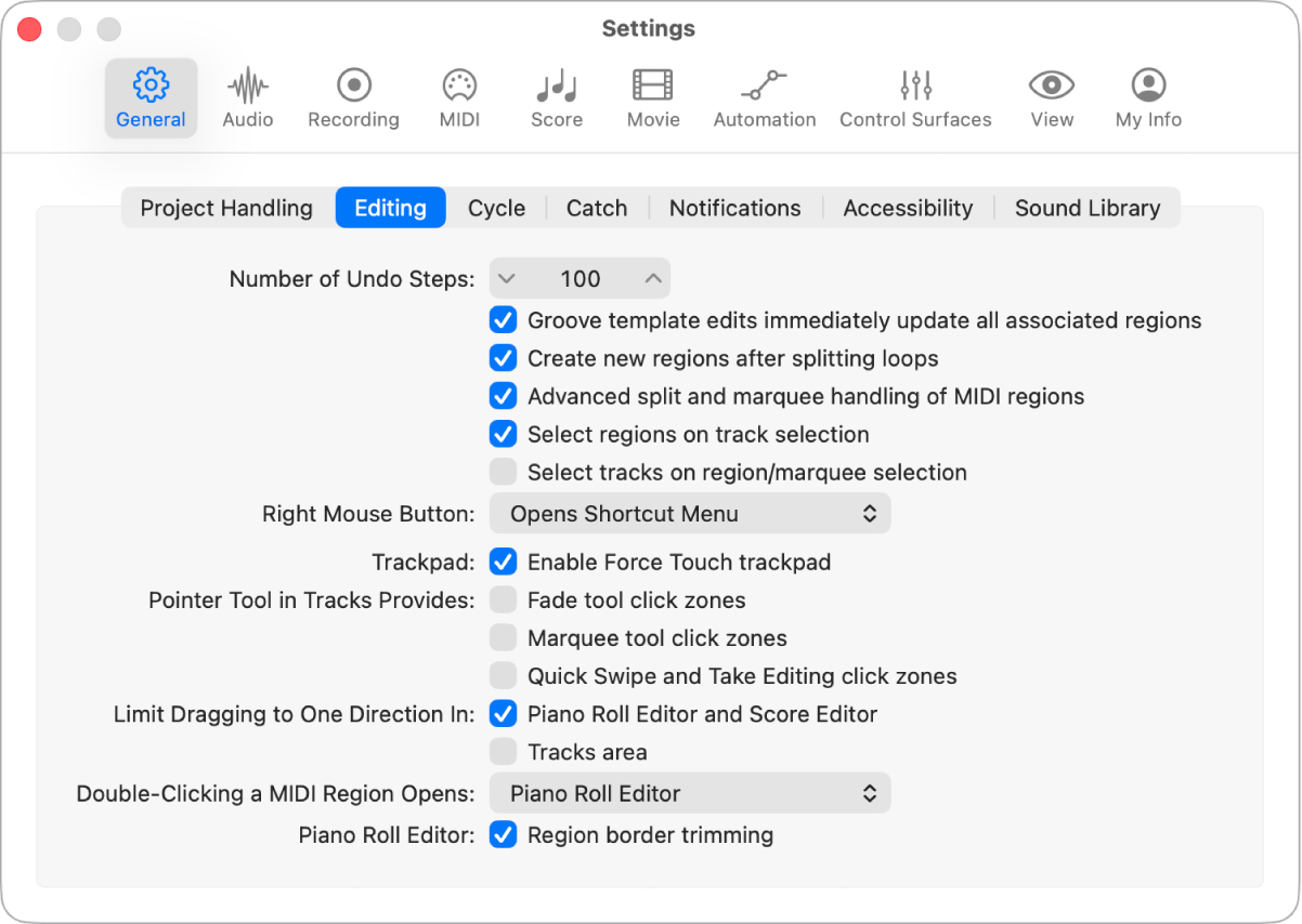 Figure. General Editing settings indicating options to limit note movement dragging.