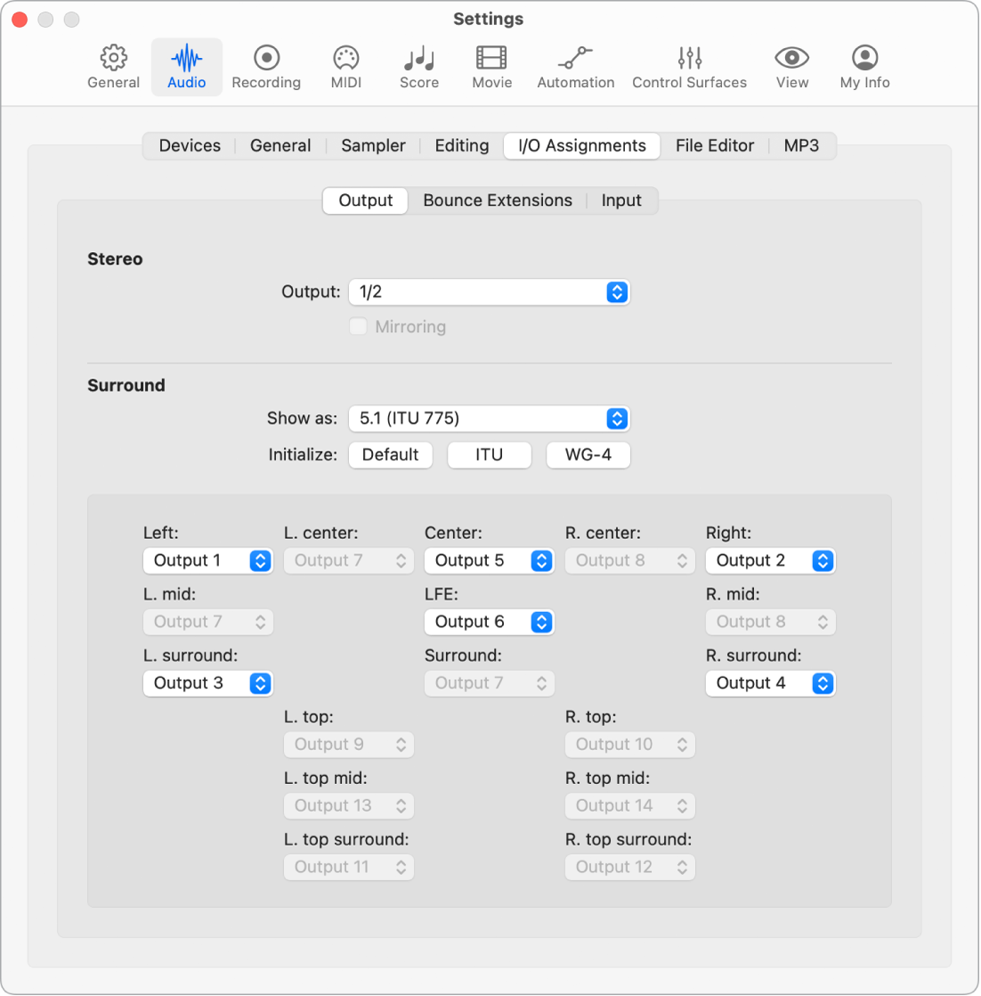 Figure. Output pane in the I/O Assignments pane in the Audio settings.