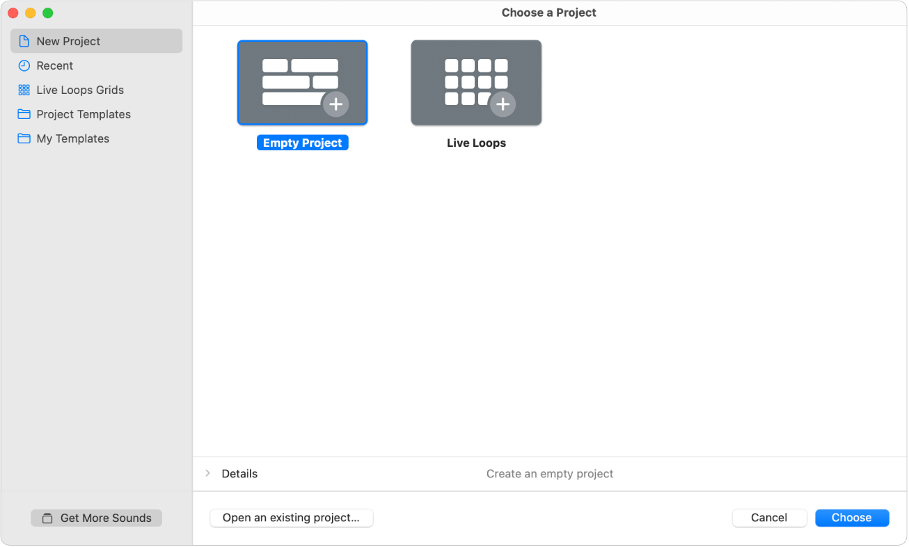 Figure. Project Chooser with Empty Project selected.