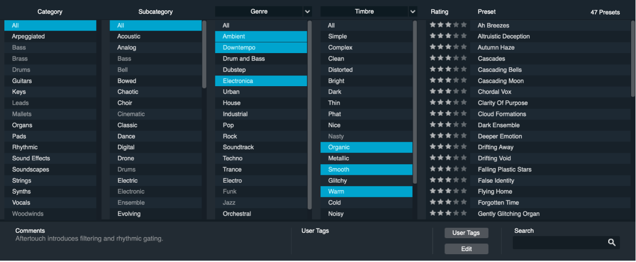 Figure. Alchemy Browser, showing Category, Subcategory, Genre, and Timbre columns, with filtered presets shown at the right.