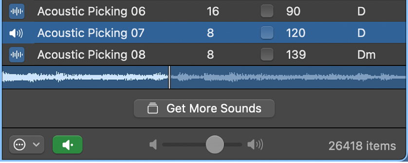 Figure. Volume slider and “Play in” pop-up menu in the Loop Browser.