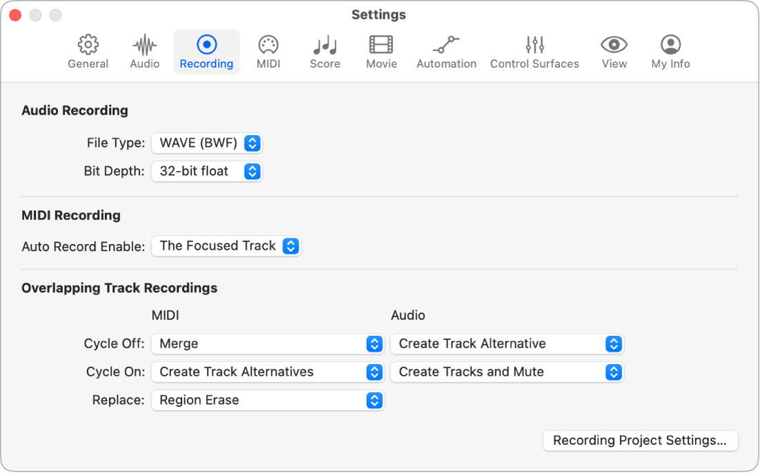 Figure. Recording settings.
