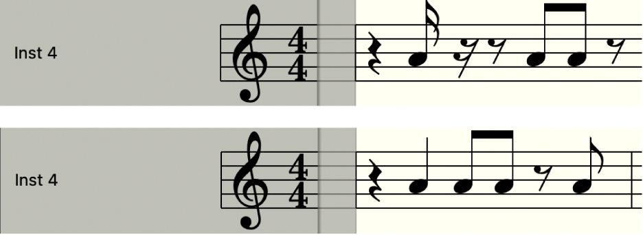 Figure. Interpretation turned off versus turned on in the Score Editor.