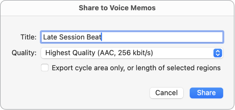 The Share to Voice Memos dialog.