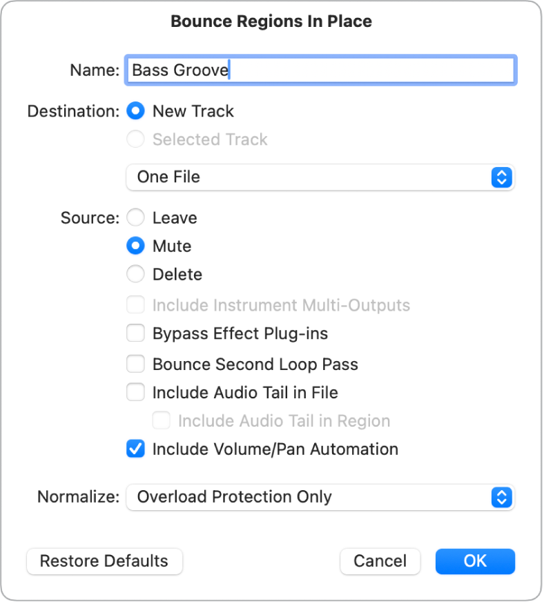 Figure. Bounce Cells in Place dialog.
