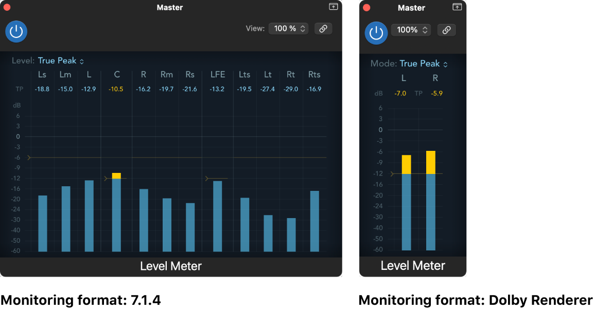Figure. Level Meter display for different monitoring formats.