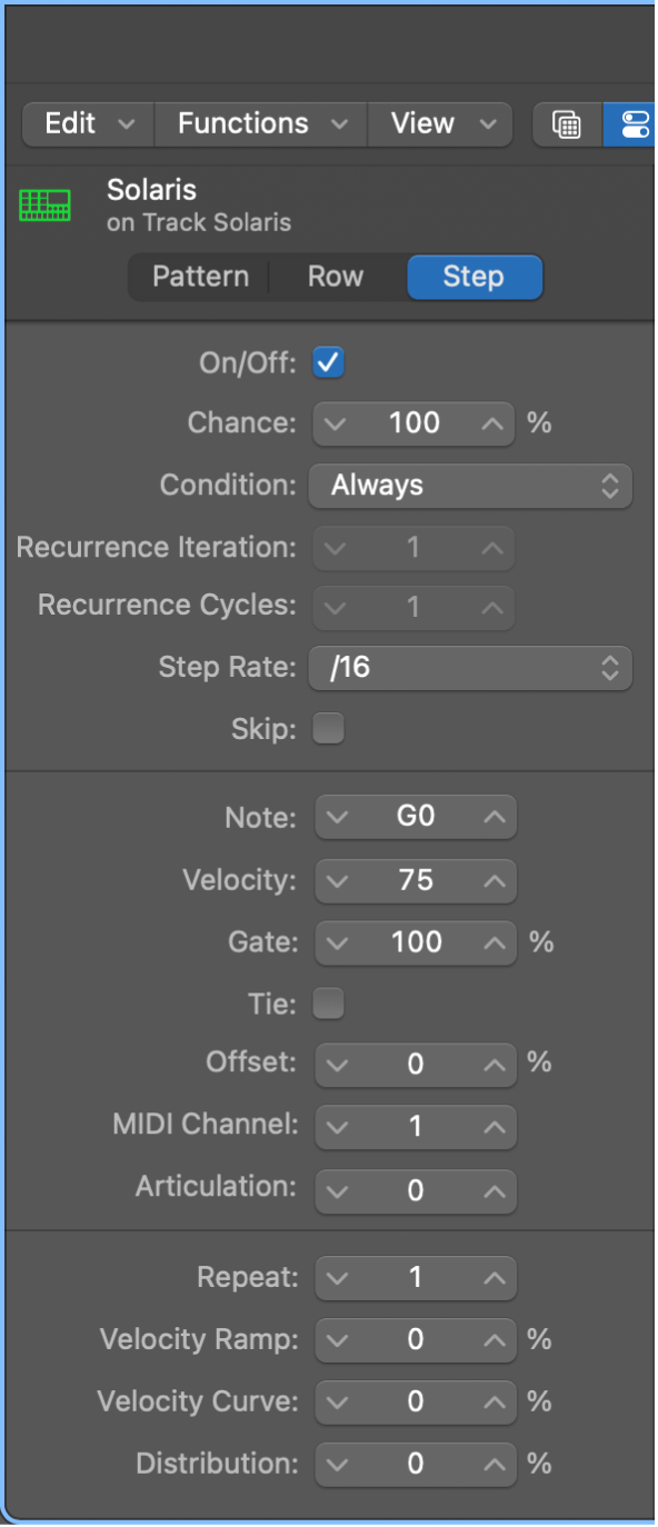 Step Sequencer Local inspector showing step settings.