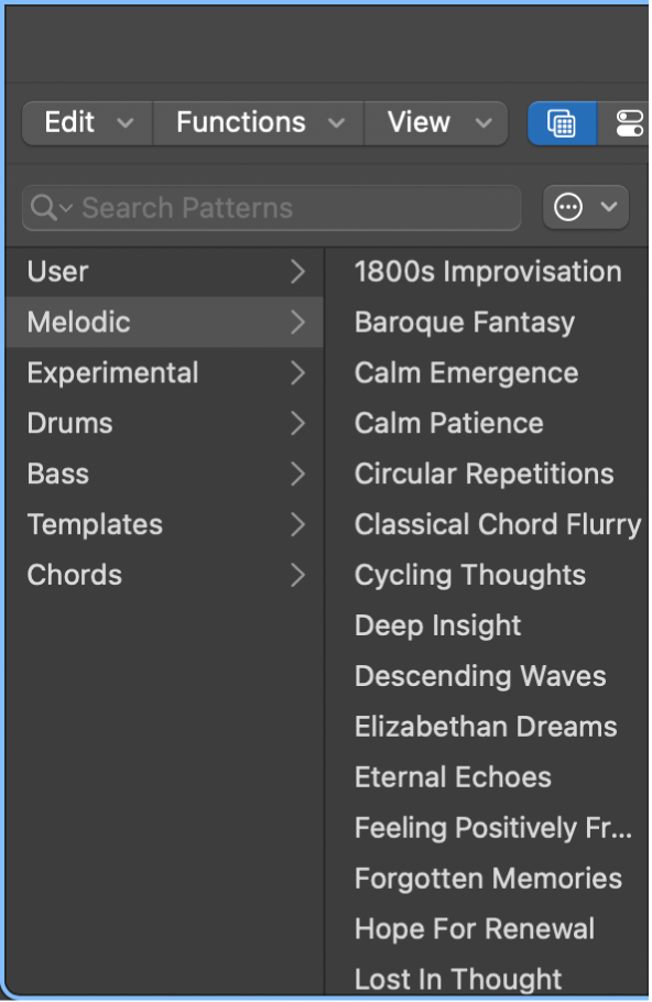 Pattern Browser open, showing available patterns.