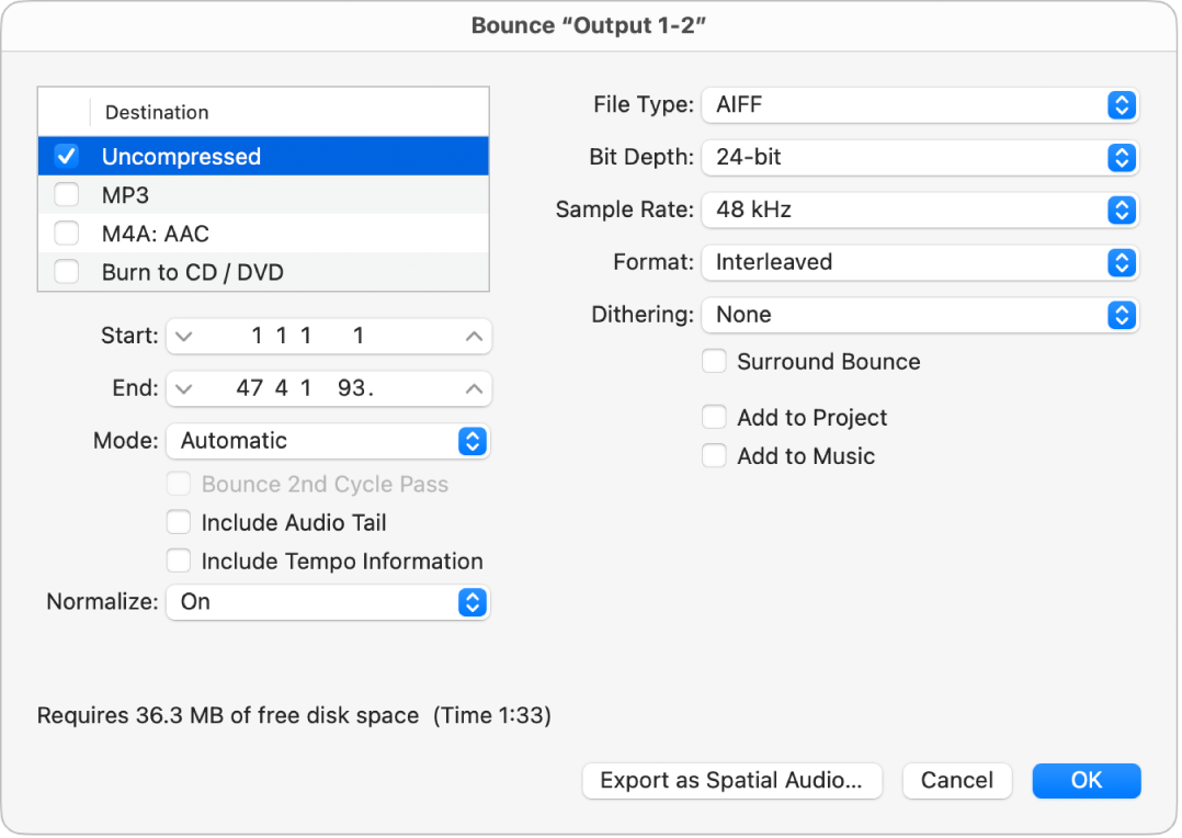 Figure. Uncompressed options in the Bounce dialog.