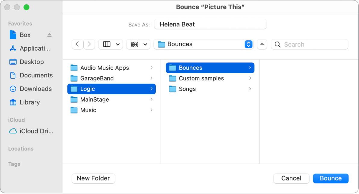 Figure. Filename and folder settings in the Bounce window.