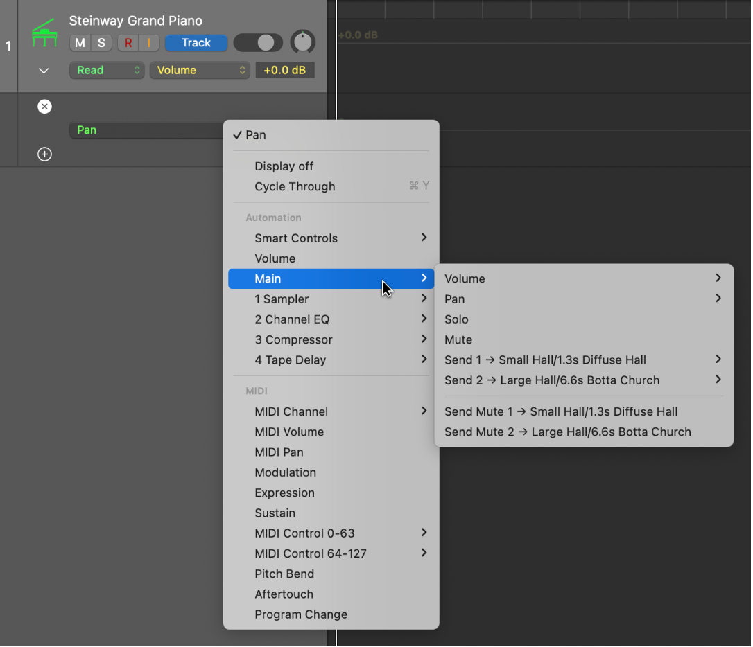 Figure. Choosing an automation parameter from the pop-up menu.