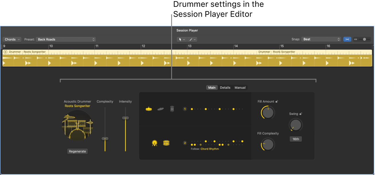 Figure. The Session Player Editor with Drummer settings.