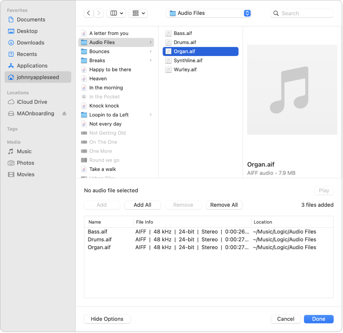 Figure. Add Audio File dialog showing files to be added to the Project Audio Browser.