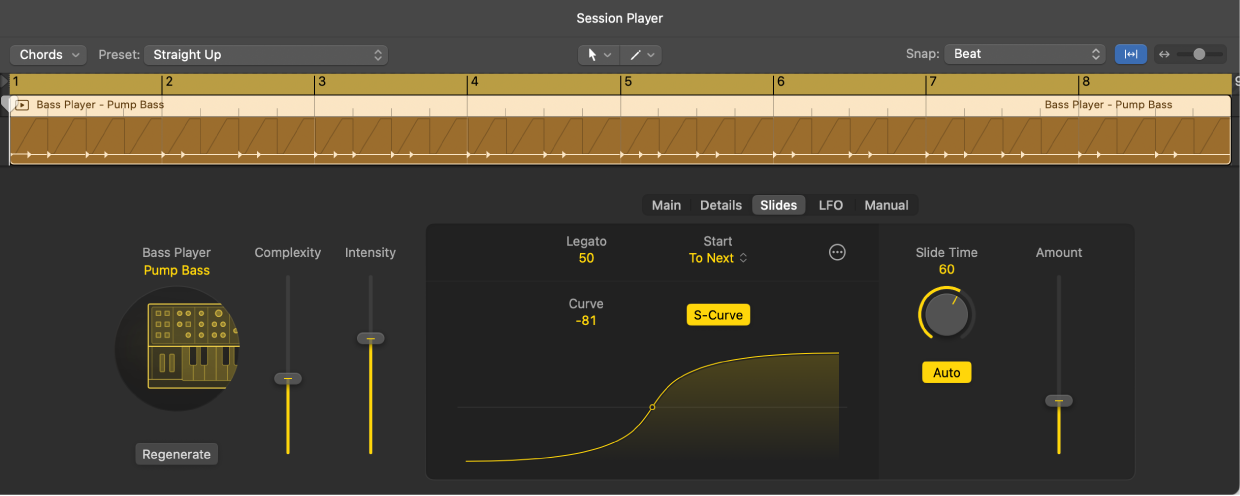 Figure. Synth Bass Player settings in the Session Player Editor.