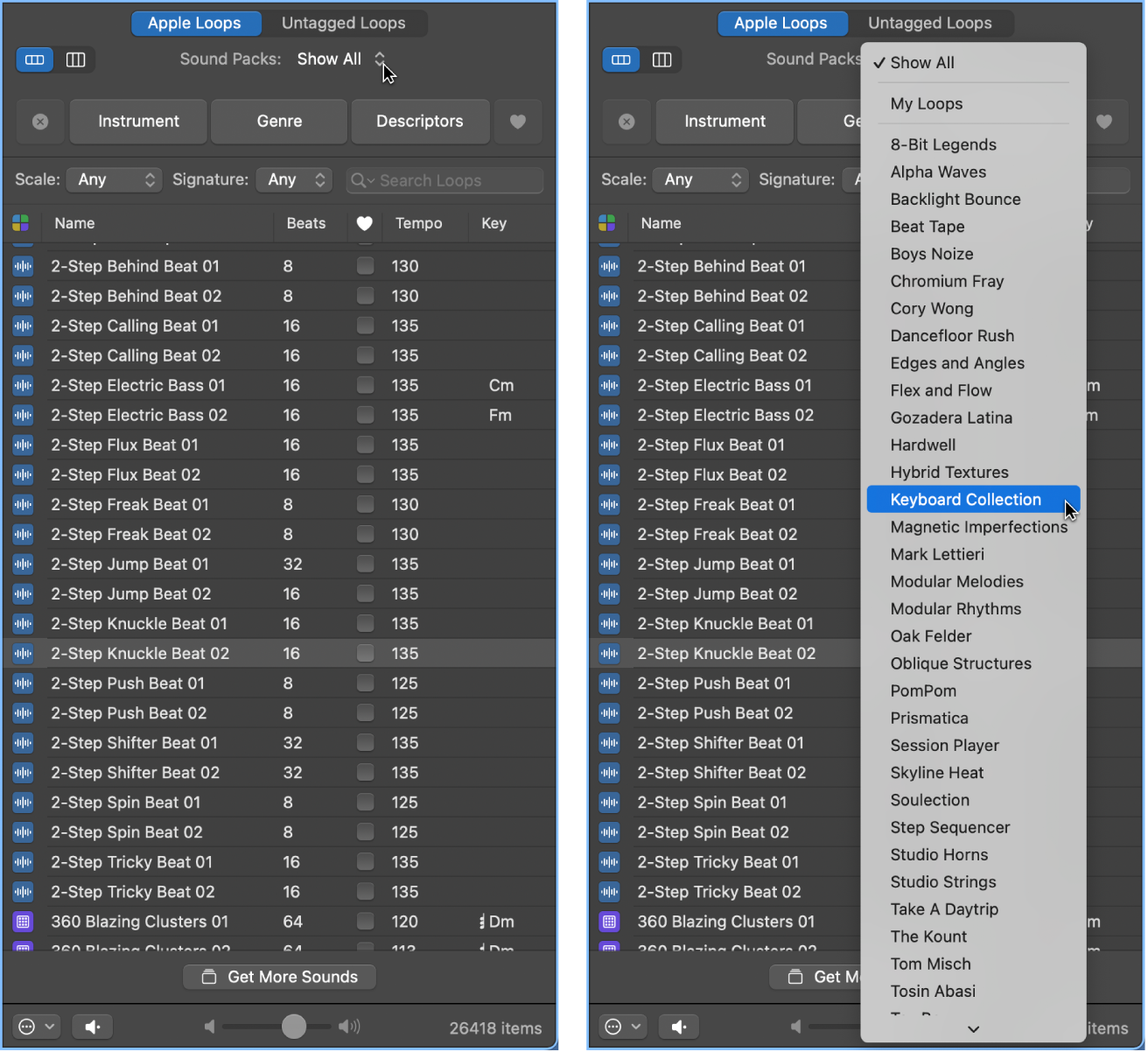 Figure. The Sound Packs pop-up menu showing available loops.