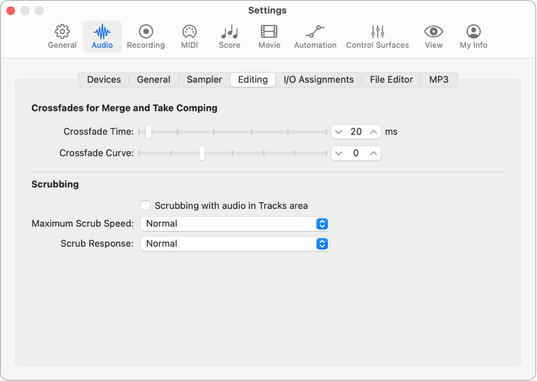 Figure. Audio Editing settings showing crossfade parameters.