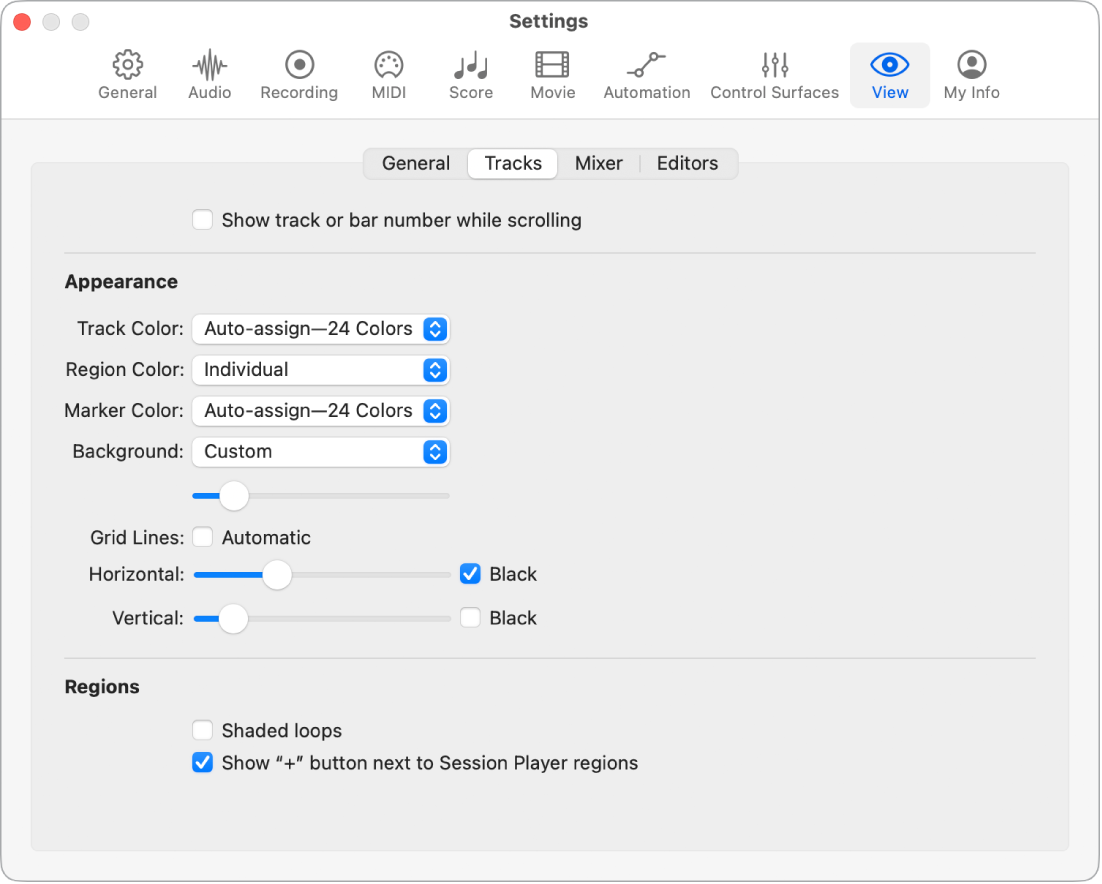 Figure. Tracks View settings.