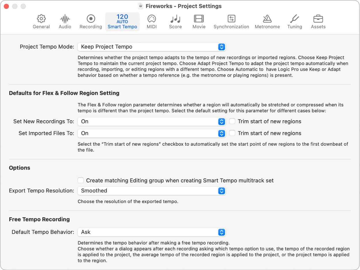 Figure. Smart Tempo project settings.
