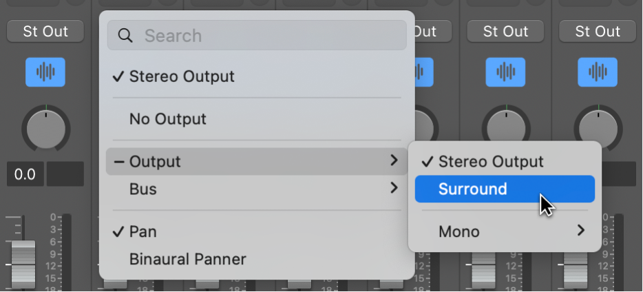 Figure. Choosing Surround from Output pop-up menu on channel strip.