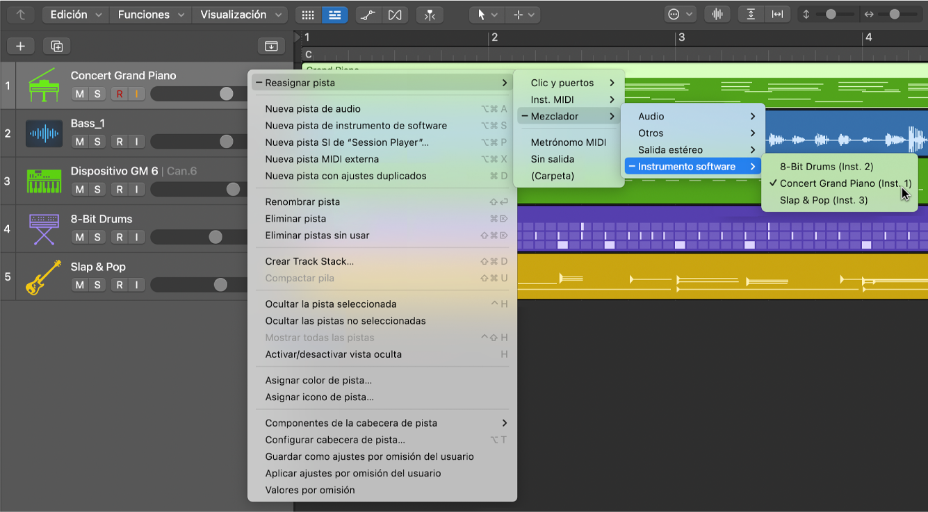 Ilustración. Menú de atajos “Reasignar pista” con destinos.