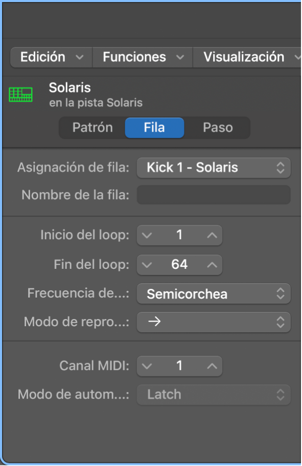 Inspector local del secuenciador de pasos que muestra los ajustes de la fila.