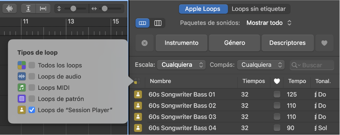 Ilustración. Explorador de loops con loops de Session Player seleccionados.
