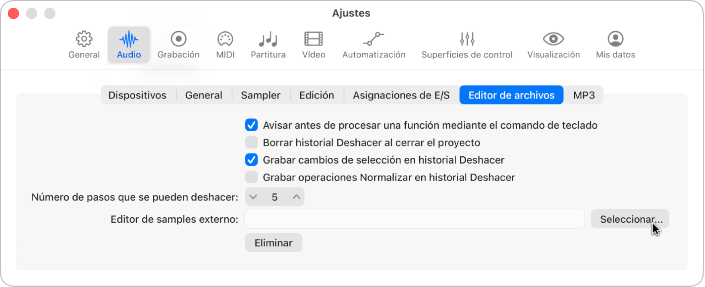 Ilustración. Panel “Editor de archivos” en los ajustes de Audio.