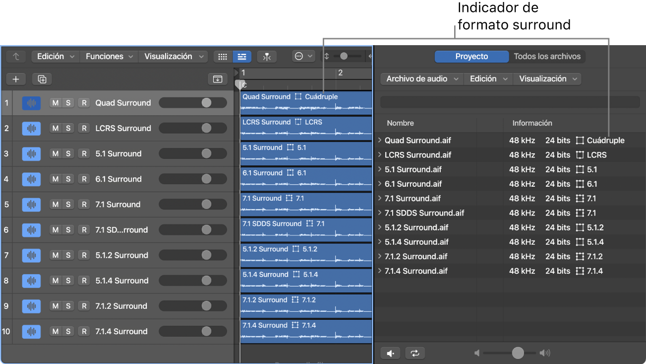 Ilustración. A la izquierda, el área Pistas muestra las líneas de pista que contienen los indicadores de formato surround en las cabeceras del pasaje. A la derecha, el explorador de audio del proyecto muestra una lista de archivos de audio surround y sus indicadores de formato surround en la columna Información.