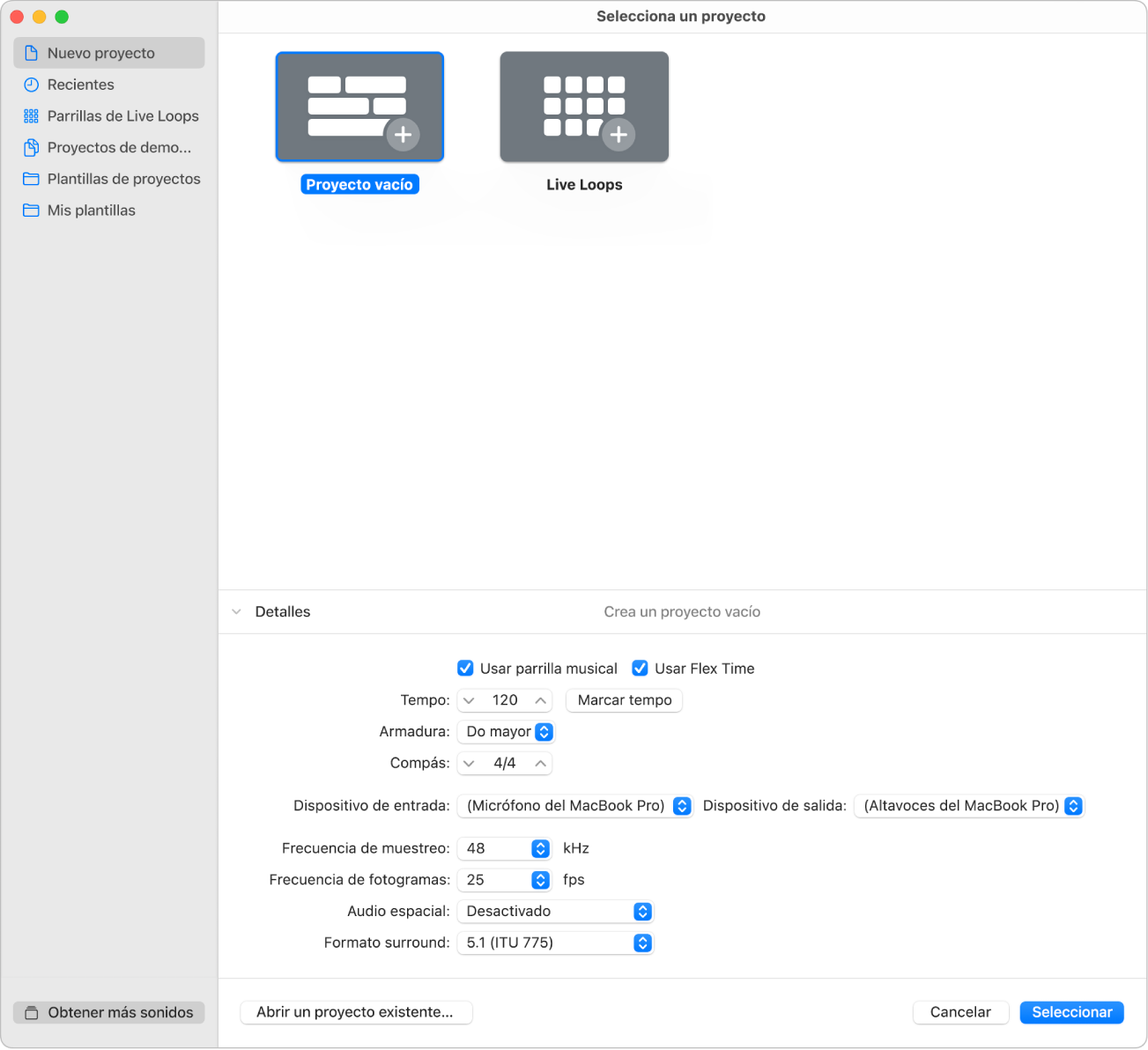 Ilustración. Detalles de la mitad inferior del selector de proyectos, para ajustar las propiedades del proyecto.