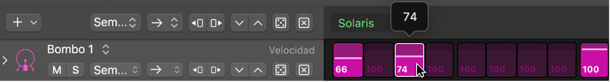 Pasos en la parrilla de pasos, que muestra los valores del modo de edición.