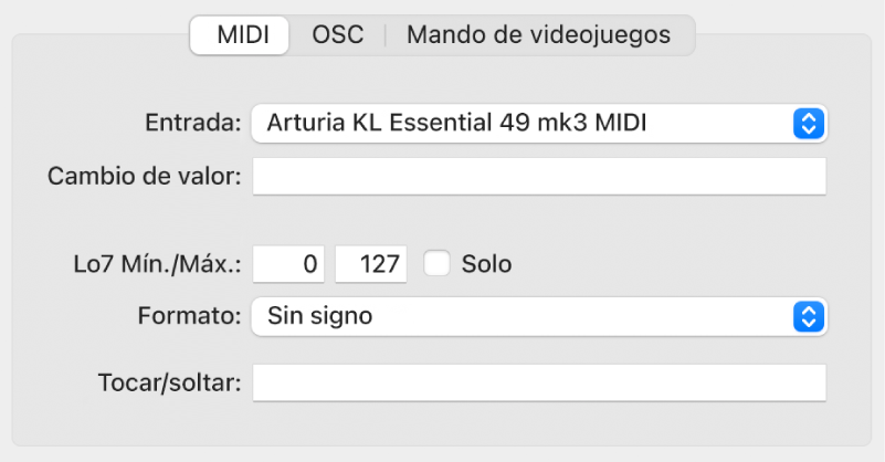 Ilustración. Parámetros del mensaje de entrada MIDI en la vista avanzada.