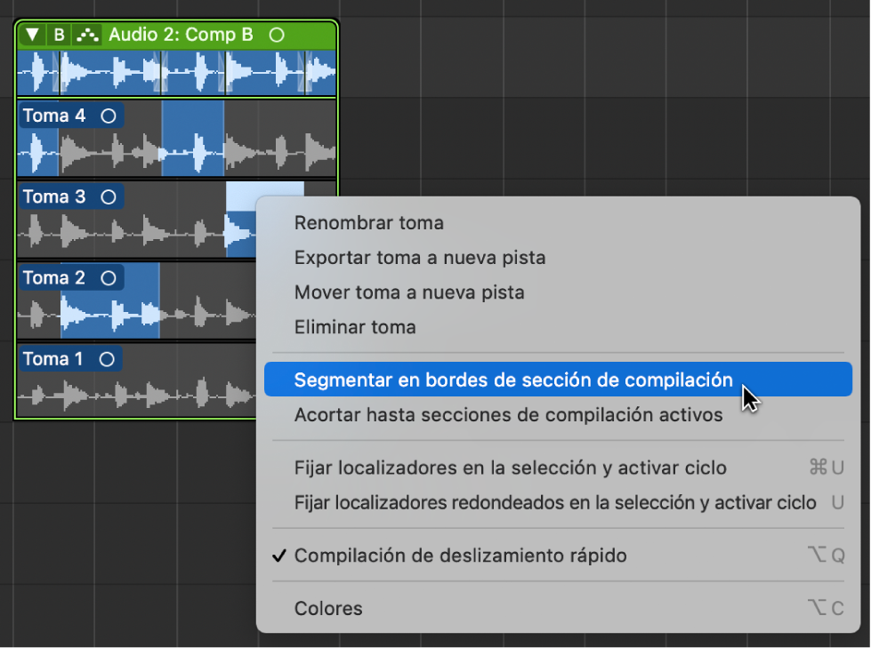 Ilustración. Se está seleccionando “Segmentar en bordes de sección de compilación” en el menú de atajos.
