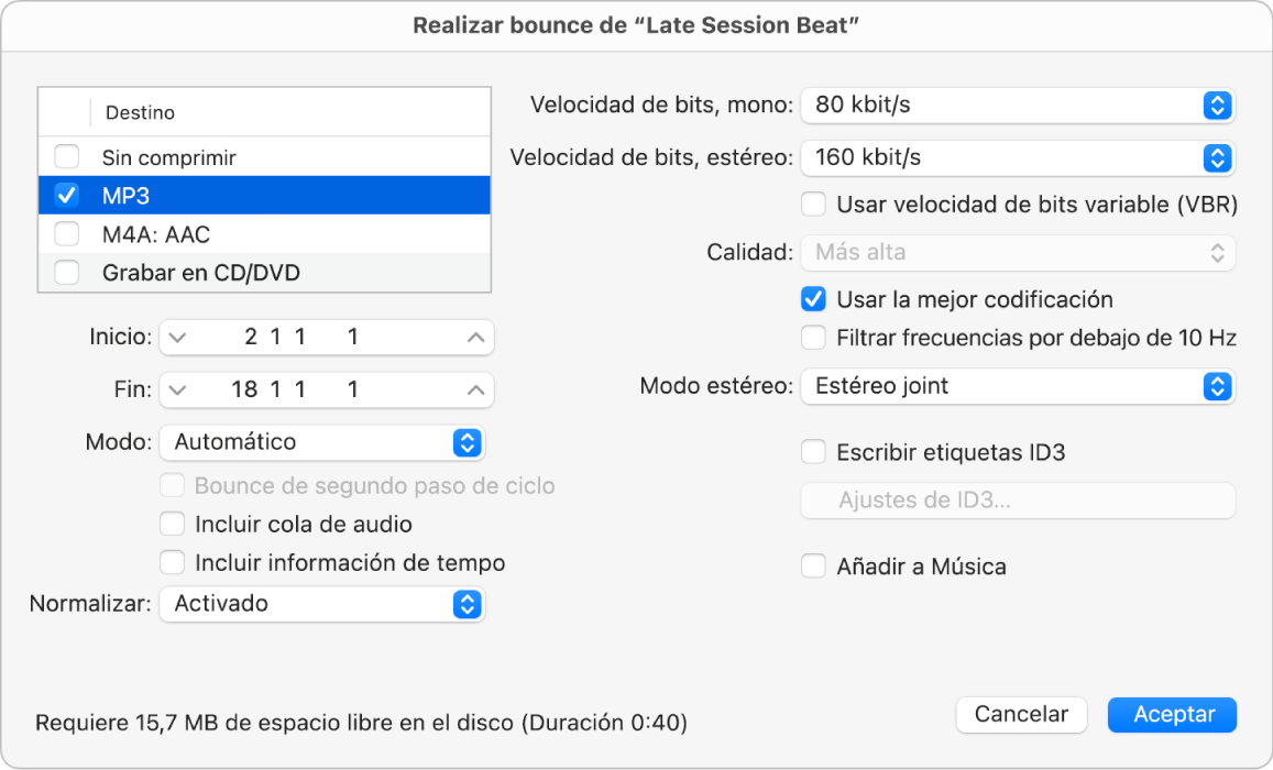 Ilustración. Opciones de MP3 en el cuadro de diálogo Bounce.