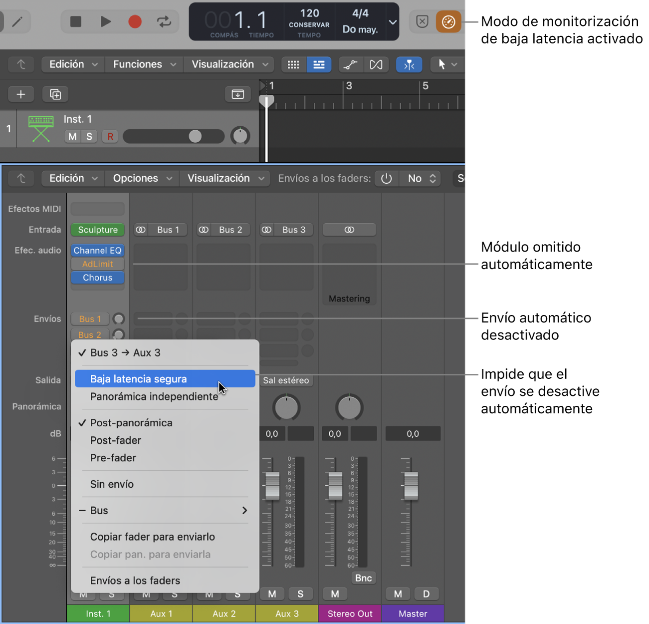 Ilustración. Menú de atajos de ranura Envío con el ítem de menú “Baja latencia segura”.