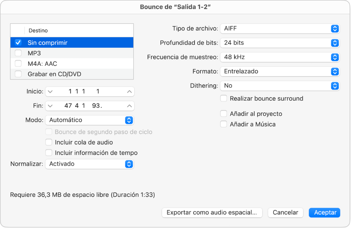 Ilustración. Opciones sin comprimir en el cuadro de diálogo Bounce.