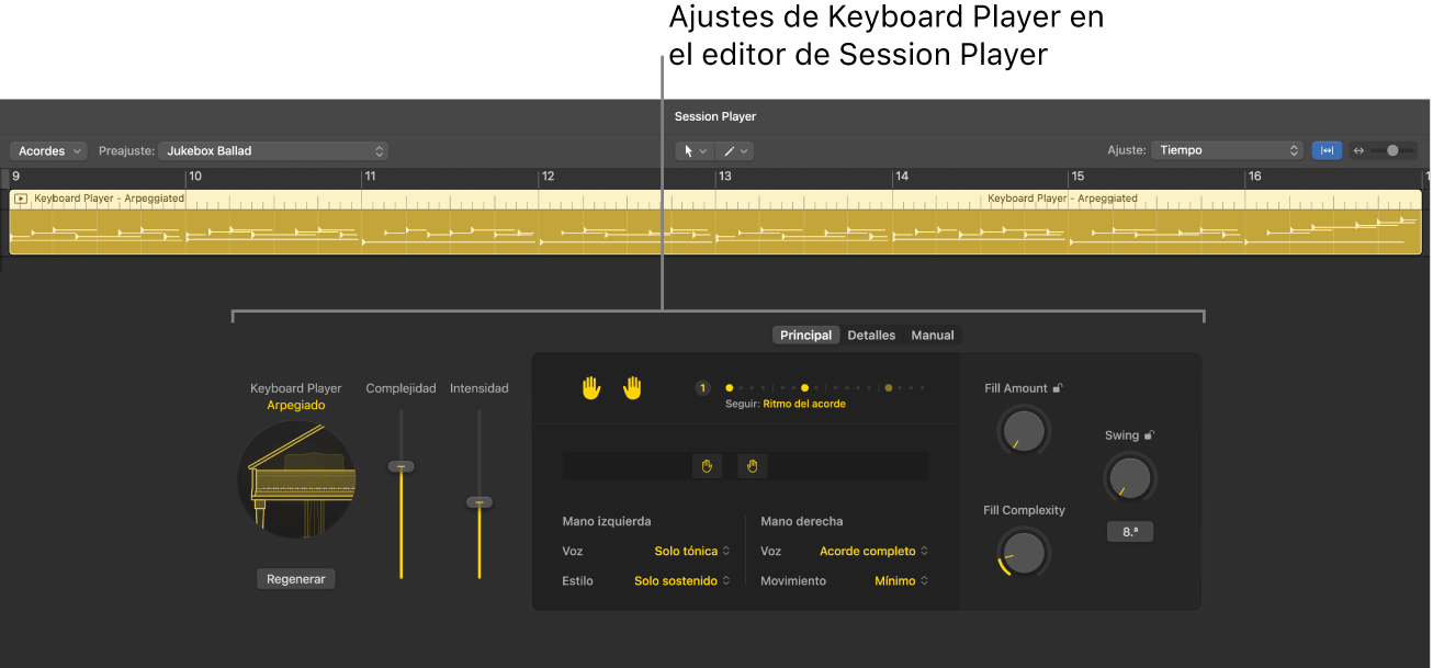 Ilustración. El editor de Session Player con ajustes de Keyboard Player.