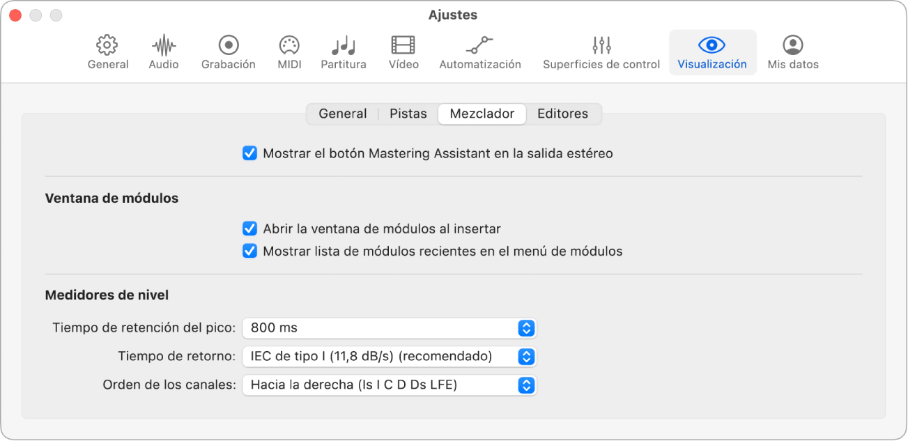 Ilustración. Ajustes de visualización del mezclador.