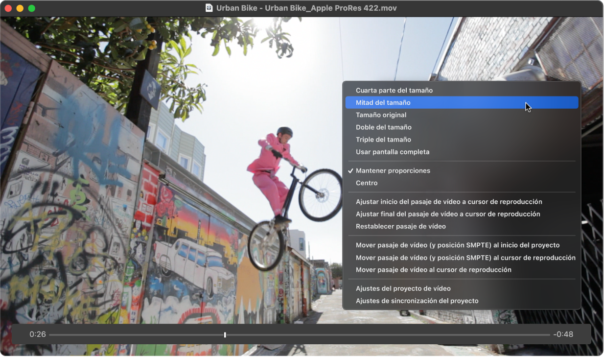 Ilustración. Ventana Película con los formatos de imagen en el menú de atajos.