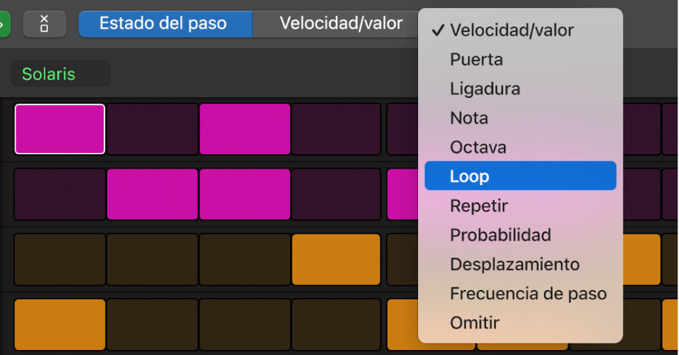 Selector de modo de edición del secuenciador de pasos, que muestra los diferentes modos de edición.