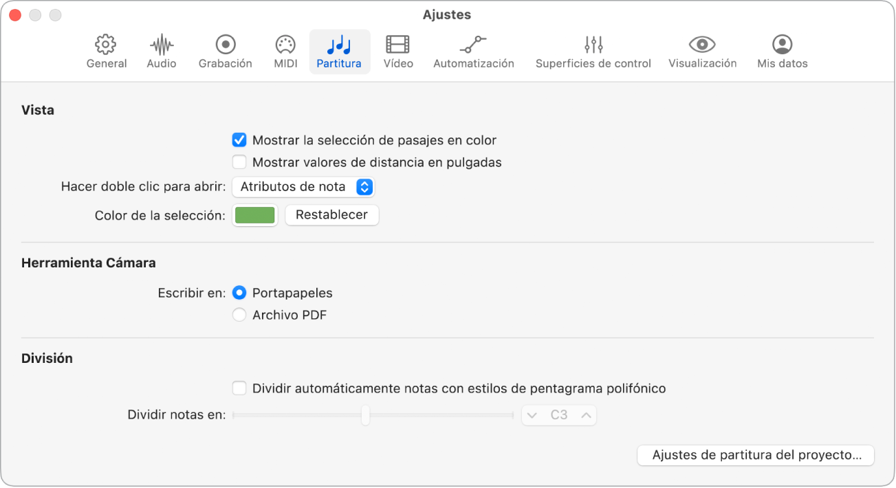 Ilustración. Ajustes de Partitura.
