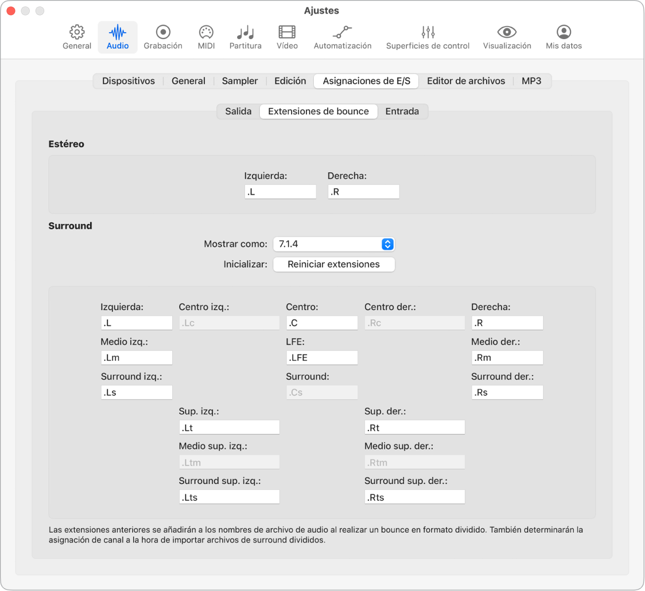 Ilustración. Ajustes de extensiones de bounce.